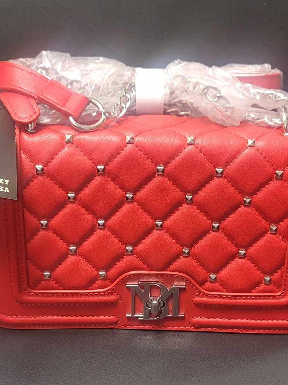 Badgley Mischka Red Quilted Studded Crossbody Bag